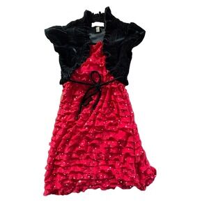 Speechless Holiday Dress Size‎ 7 Red Ruffled Sequined Mock Velour  Jacket EUC